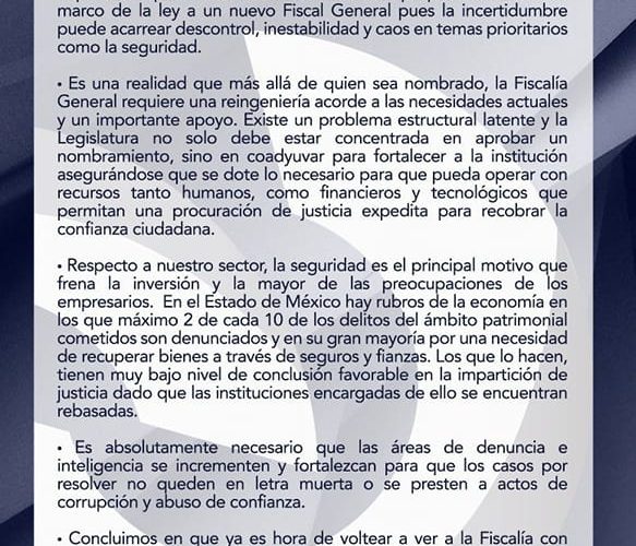 CCEM solicita se nombre a la brevedad al nuevo Fiscal del Edomex